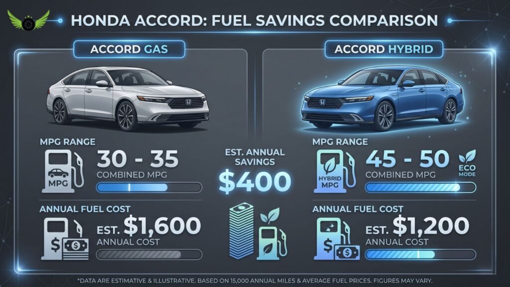 Honda Accord gas vs hybrid fuel savings infographic