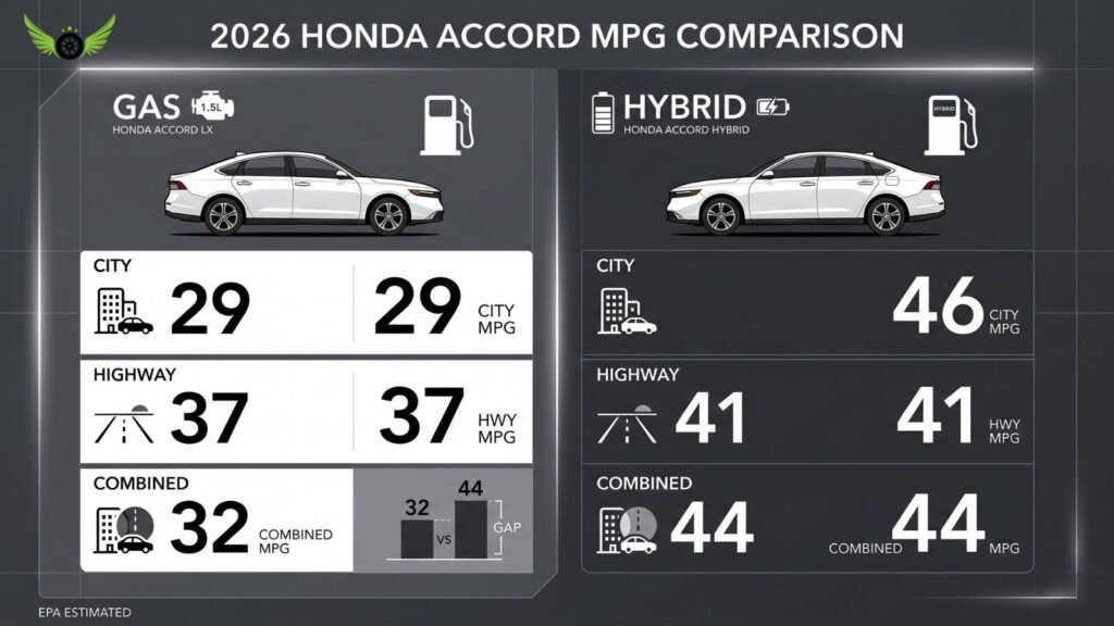 Clean Honda Accord Mileage infographic comparing gas and hybrid models