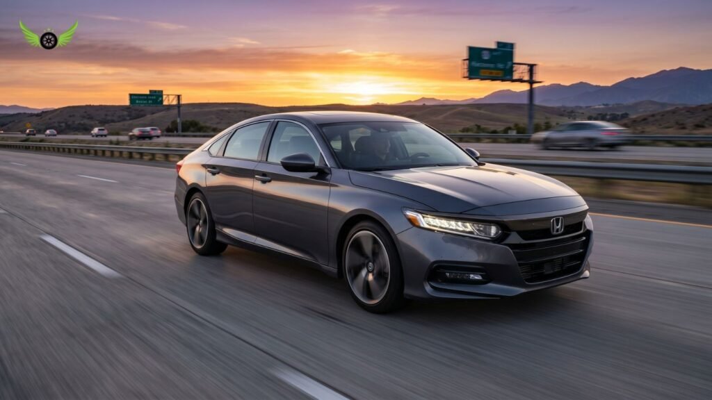Honda Accord driving on a long American highway during sunset