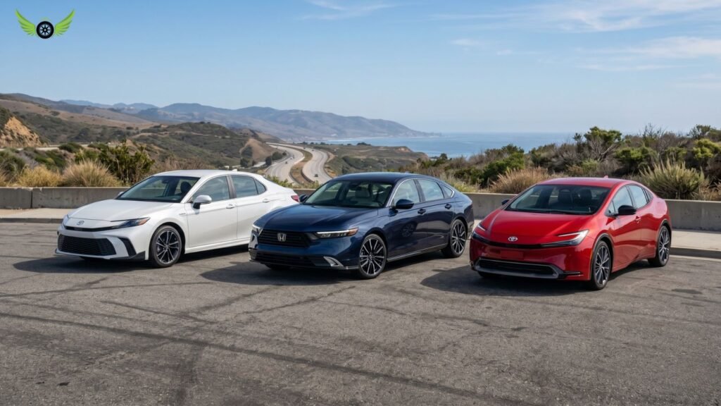 2026 Honda Accord Hybrid compared with Toyota Camry Hybrid and Toyota Prius on an American highway
