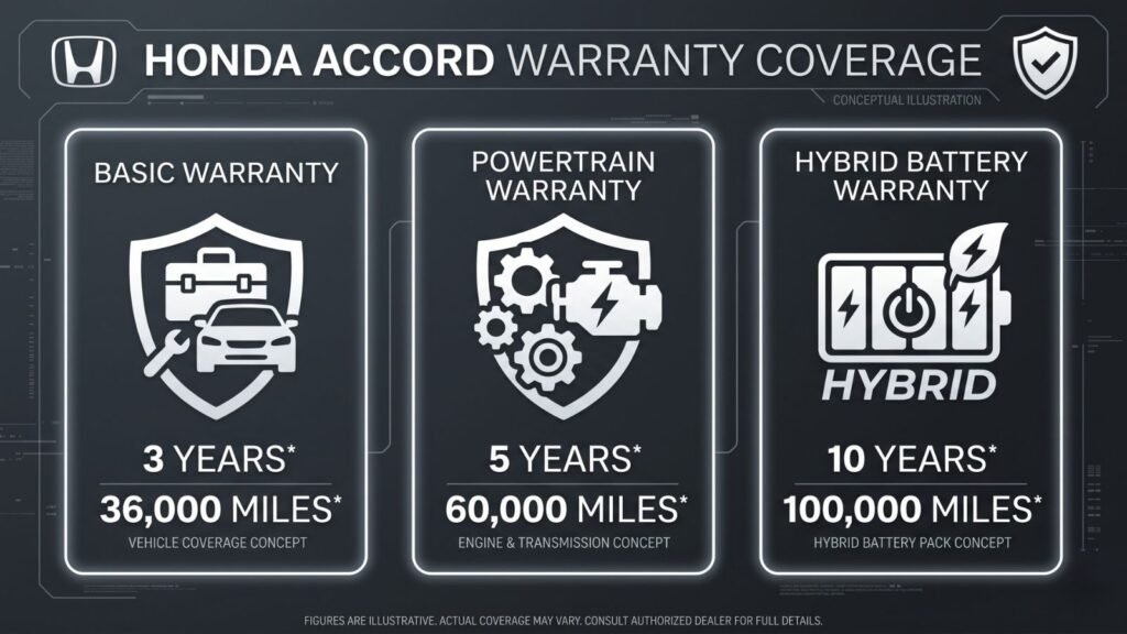 Honda Accord warranty coverage infographic with hybrid battery and powertrain icons