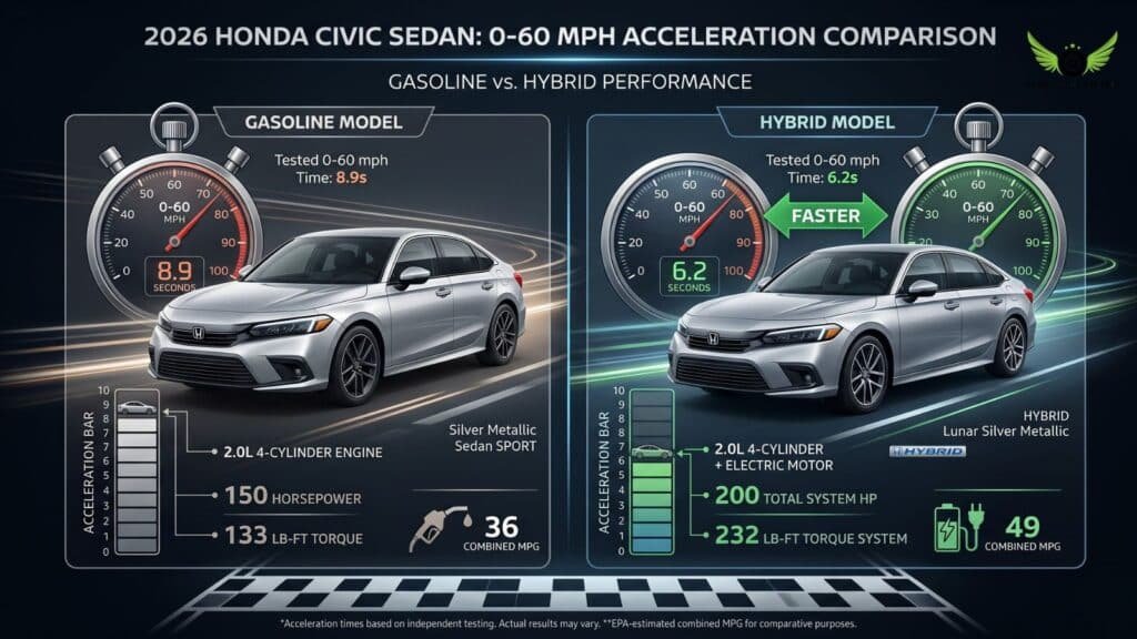 Honda Civic Sedan acceleration infographic showing 0–60 mph performance comparison