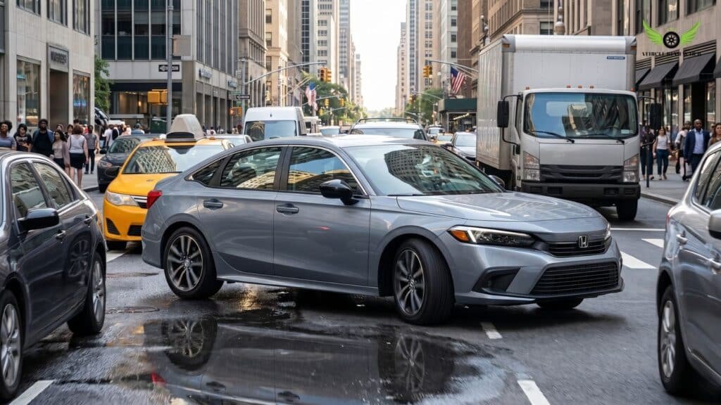 Honda Civic Sedan Hybrid driving through downtown city traffic