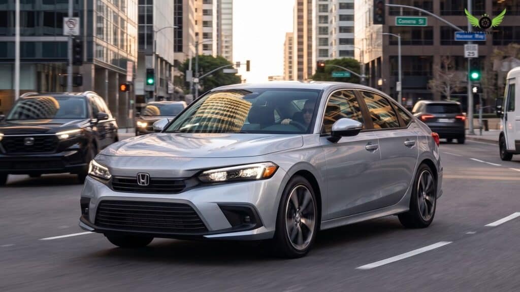 Honda Civic Sedan Hybrid driving through an American downtown street