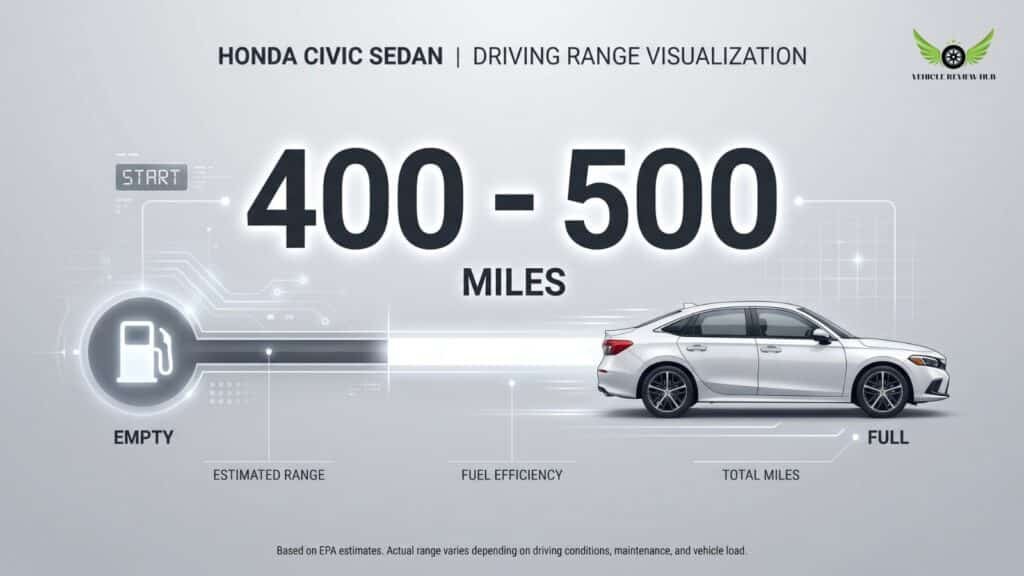 Honda Civic Sedan driving range infographic showing estimated fuel range
