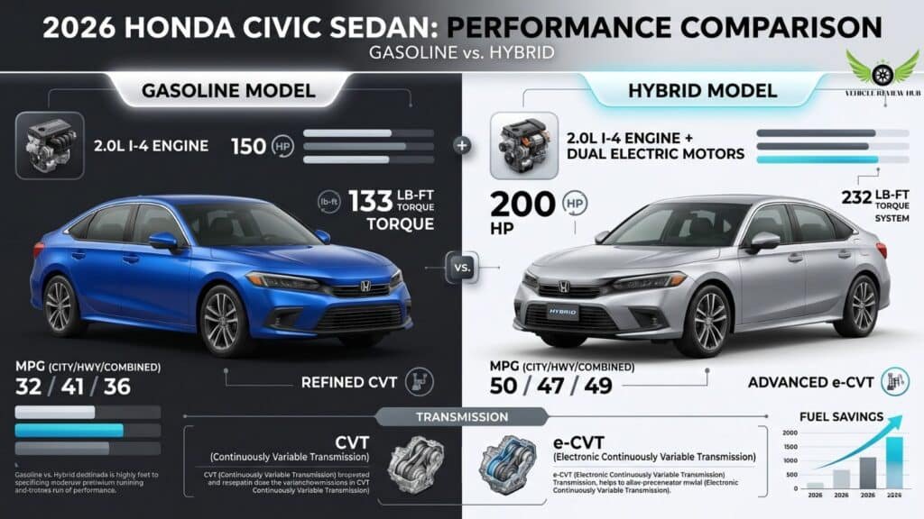 Honda Civic Sedan gasoline vs hybrid engine performance infographic
