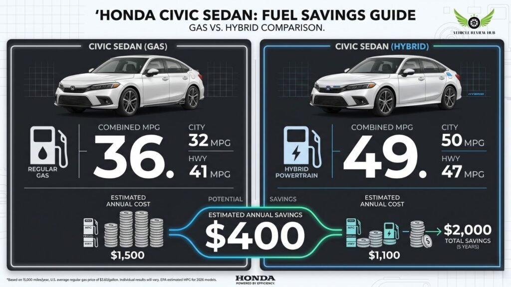 Honda Civic Sedan gasoline and hybrid fuel savings infographic