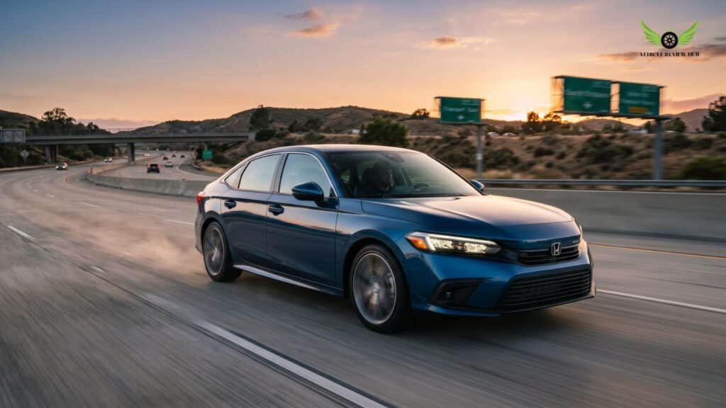 2026 Honda Civic Sedan Hybrid driving on an American highway during sunset