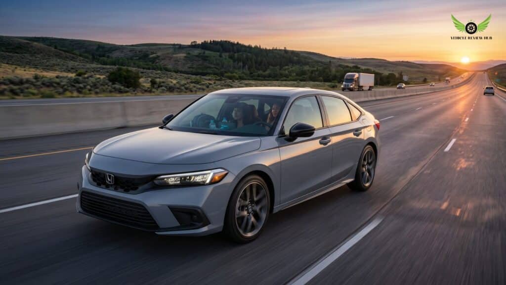 Honda Civic Sedan Hybrid cruising on a long American interstate highway