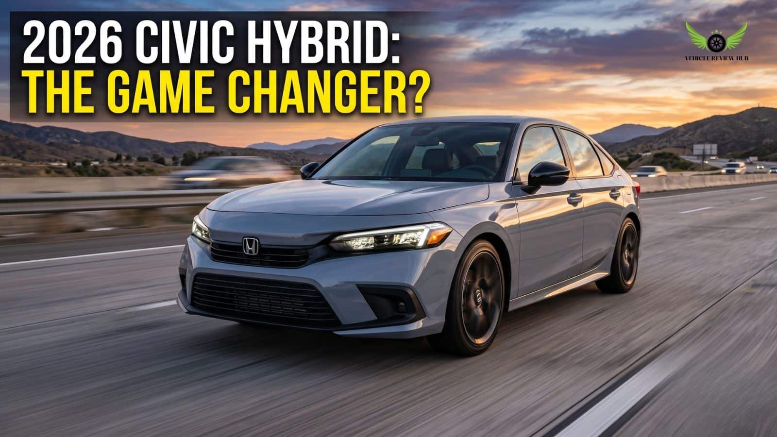 2026 Honda Civic Sedan Hybrid driving on an American highway during golden hour