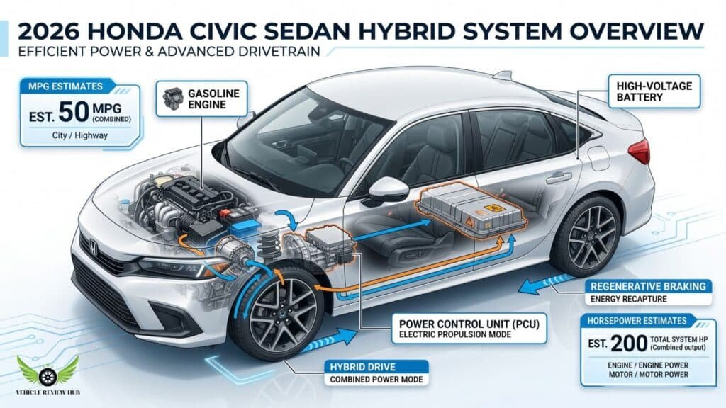 Honda Civic Sedan Hybrid system infographic showing battery, electric motor, and gasoline engine