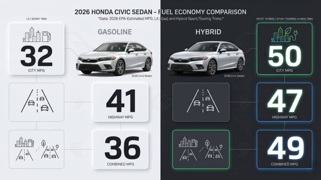 Honda Civic Sedan gasoline and hybrid MPG comparison infographic