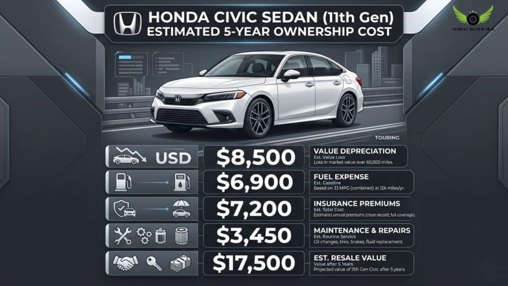 Honda Civic Sedan ownership cost infographic showing depreciation and maintenance costs