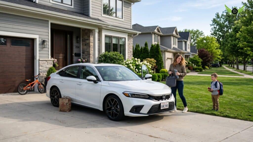 Honda Civic Sedan parked in front of a modern American suburban home