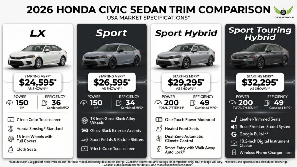 Honda Civic Sedan trim pricing infographic showing LX, Sport, Hybrid, and Touring models