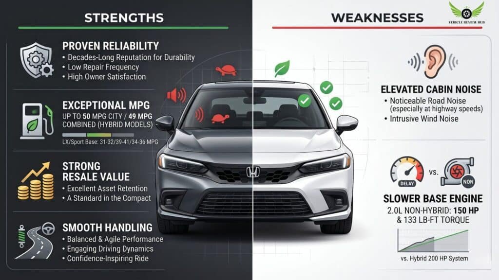 Infographic showing the main pros and cons of the Honda Civic Sedan