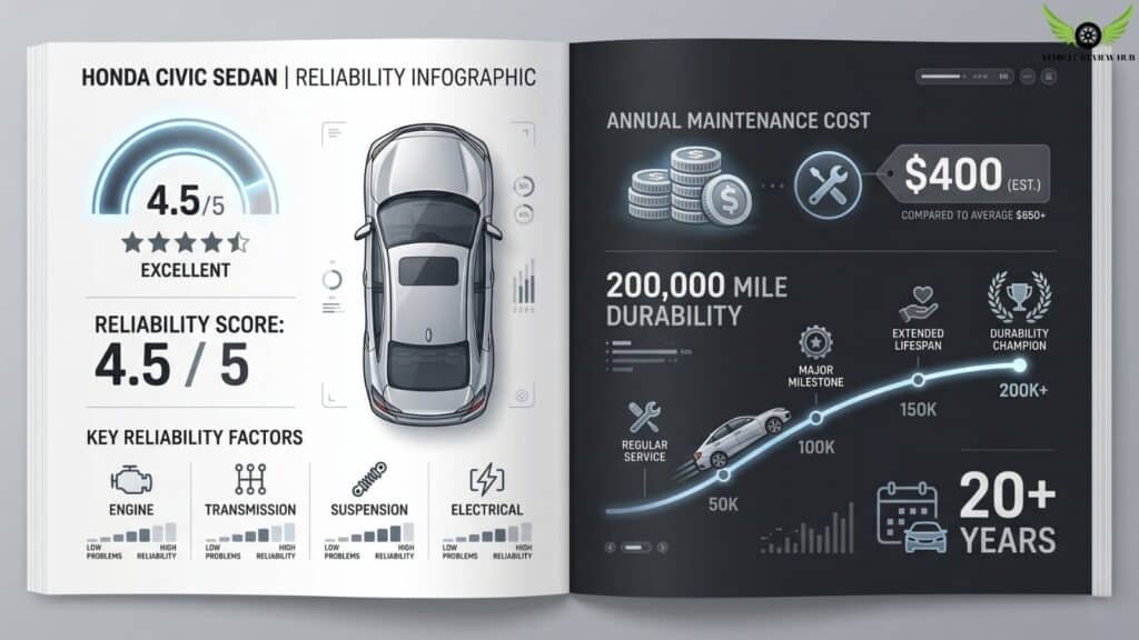Honda Civic Sedan reliability infographic showing maintenance and durability data