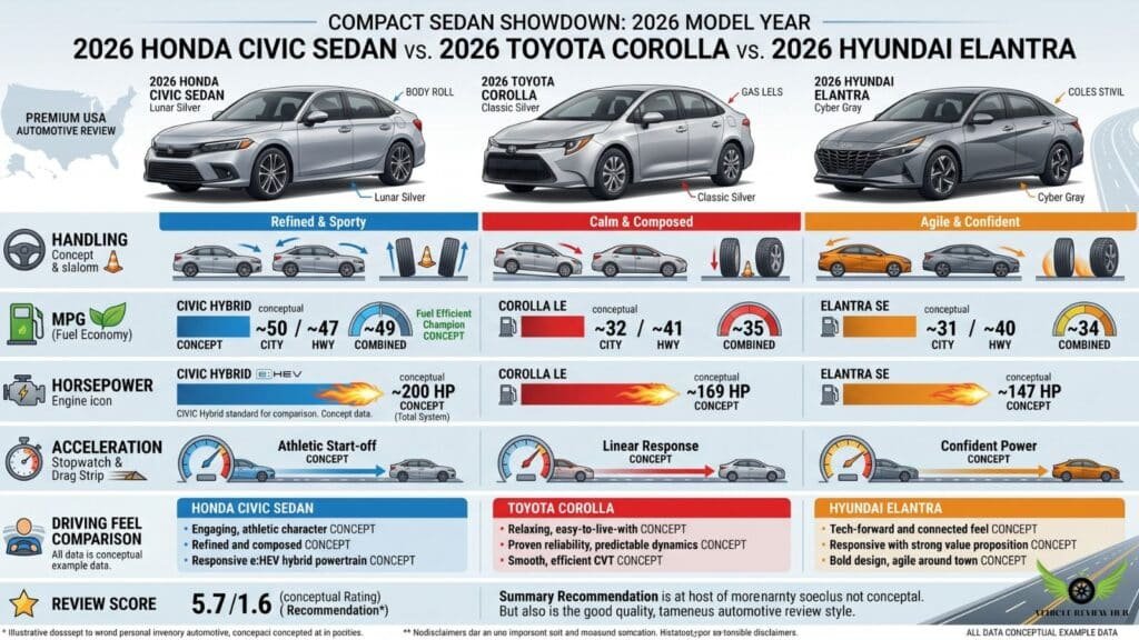 Comparison infographic of Honda Civic Sedan, Toyota Corolla, and Hyundai Elantra