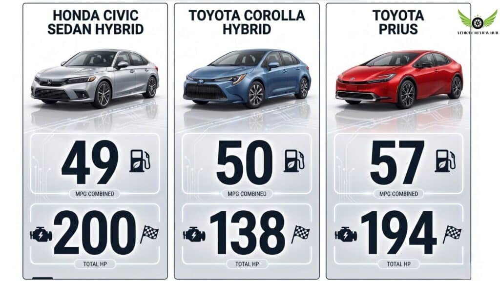 Comparison infographic of Honda Civic Sedan Hybrid, Toyota Corolla Hybrid, and Toyota Prius