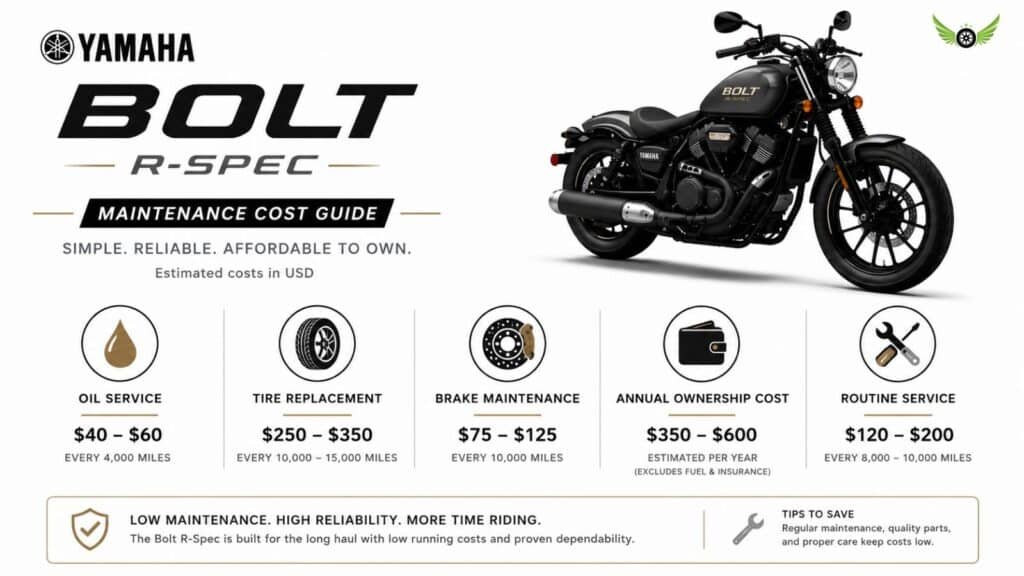 Yamaha Bolt R-Spec maintenance cost infographic showing routine service and ownership expenses