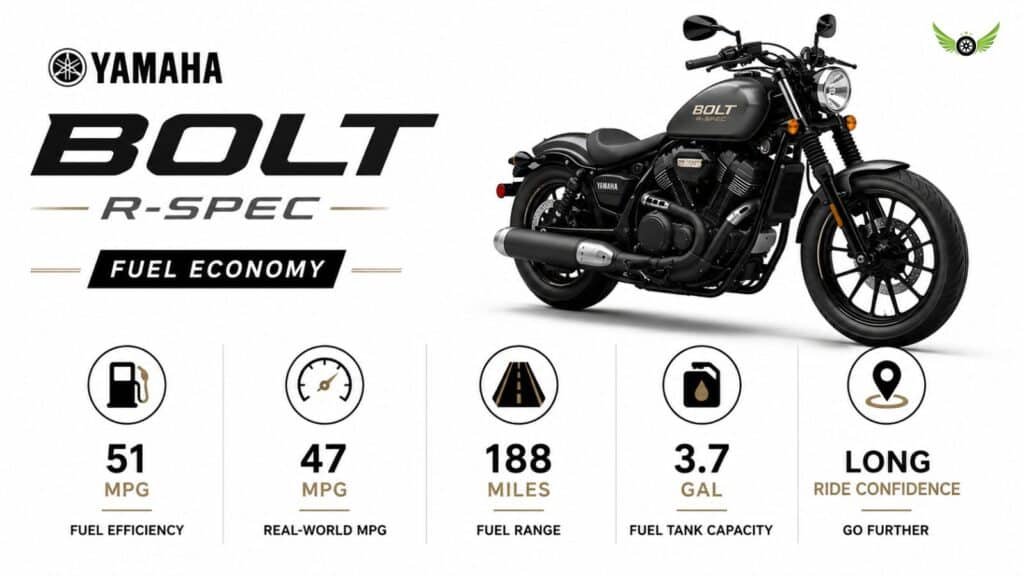 Yamaha Bolt R-Spec mileage infographic showing MPG fuel range and fuel tank capacity