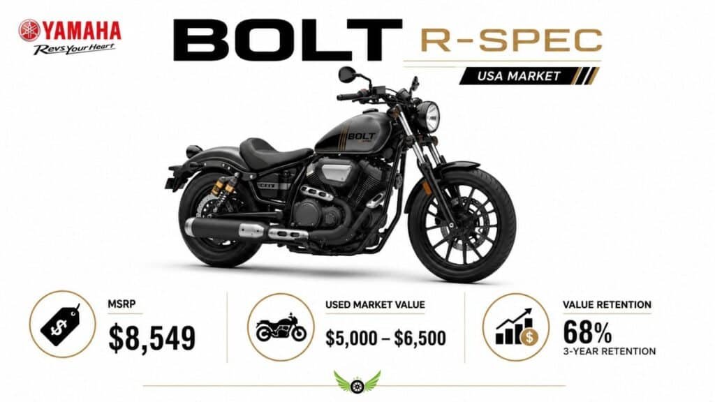 Yamaha Bolt R-Spec review price infographic showing MSRP and used market values