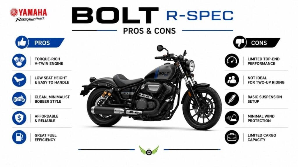 Yamaha Bolt R-Spec pros and cons infographic for motorcycle buyers