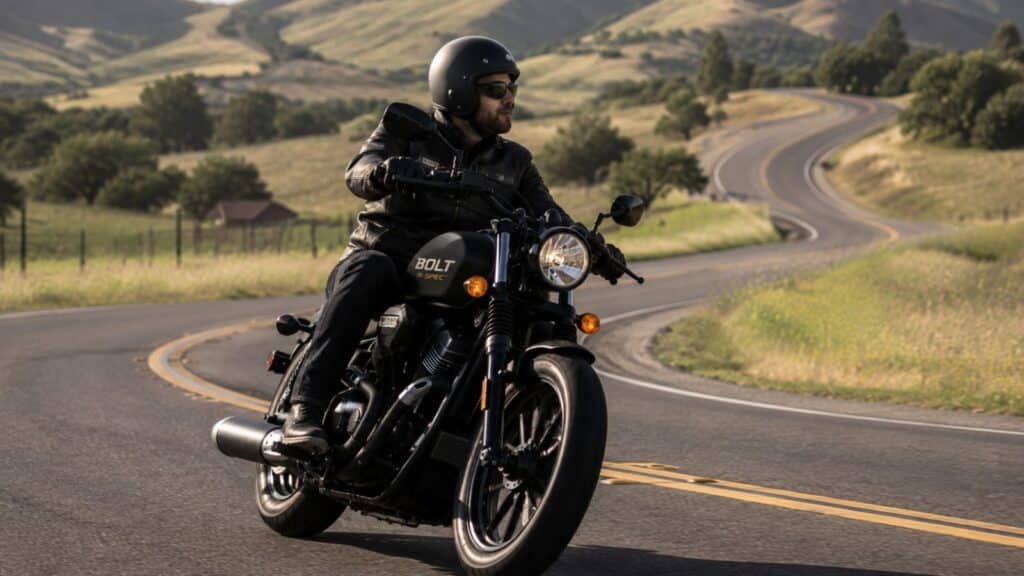 Yamaha Bolt R-Spec rider enjoying a scenic countryside road ride in the USA