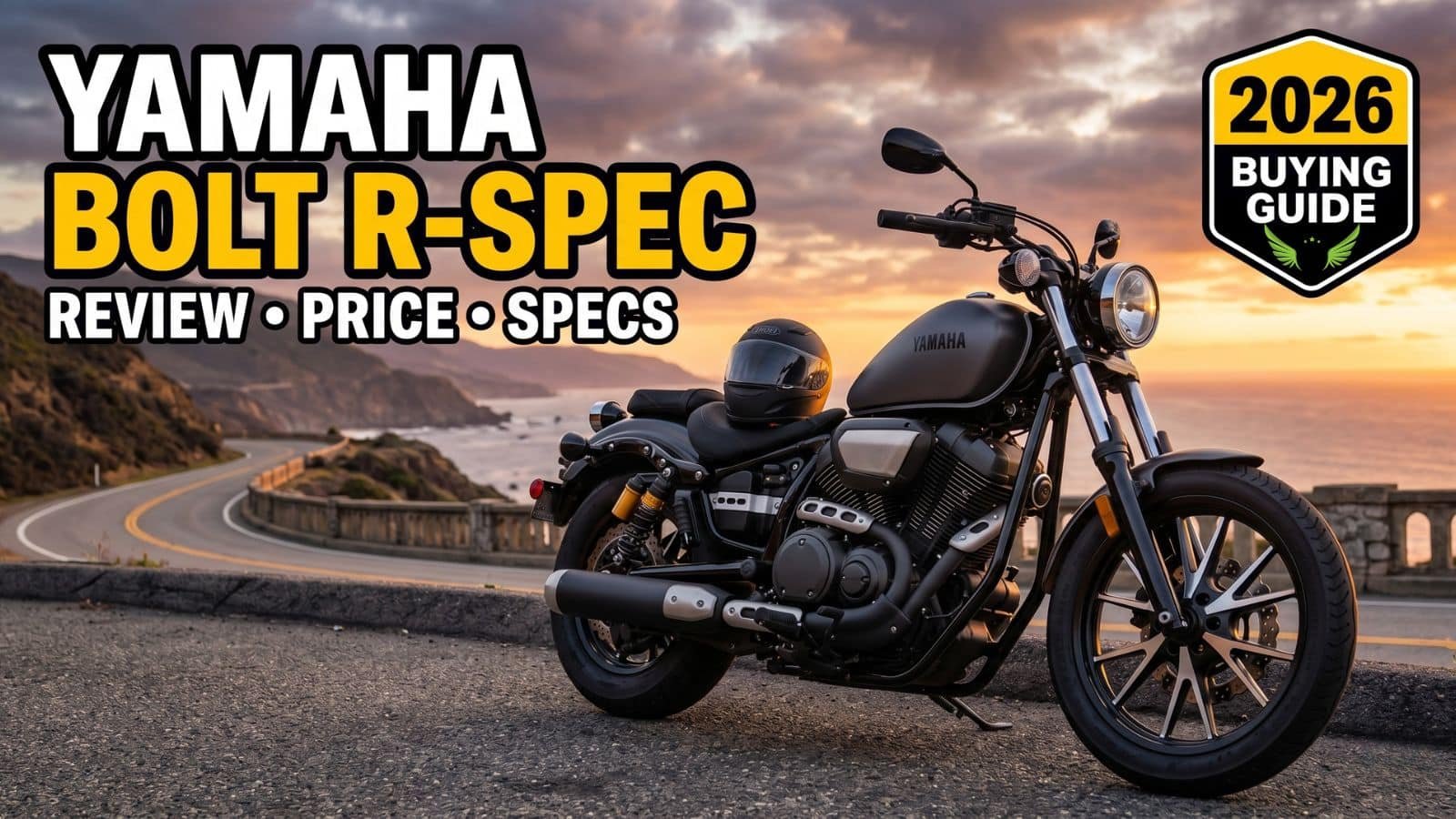 Yamaha Bolt R-Spec cruiser motorcycle parked on an American highway during sunset