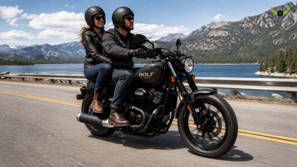 Rider and passenger comfortably riding a Yamaha Bolt R-Spec on a highway