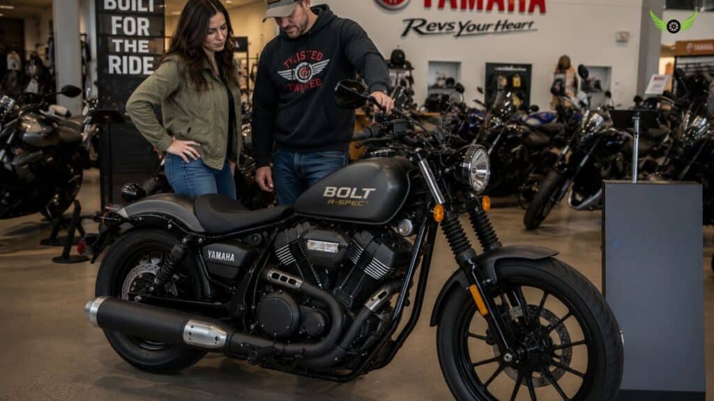 Used Yamaha Bolt R-Spec displayed at a motorcycle dealership with buyers inspecting it