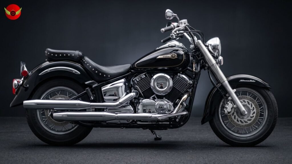 Side profile of the Yamaha V Star 1100 highlighting its classic cruiser styling and chrome V-twin engine.
