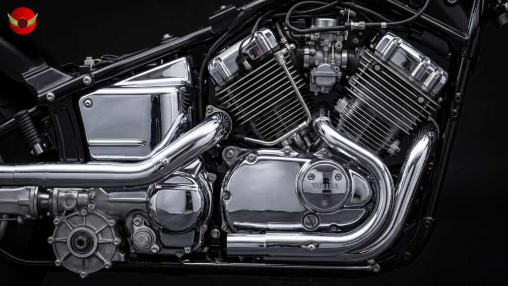Close-up view of the Yamaha V Star 1100 air-cooled V-twin engine and shaft-drive transmission.