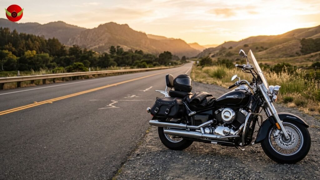 Yamaha V Star 1100 parked beside a scenic highway highlighting its comfort and touring capability.