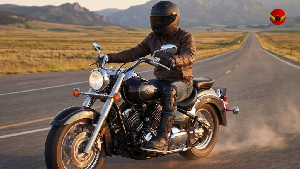 Yamaha V Star 1100 cruising on a scenic American highway with a rider wearing full protective gear.