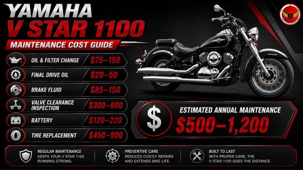 Infographic showing Yamaha V Star 1100 routine maintenance services and estimated ownership costs.