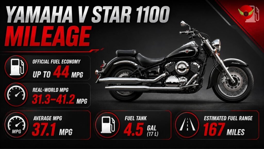 Infographic showing Yamaha V Star 1100 MPG, fuel tank capacity, and estimated riding range.