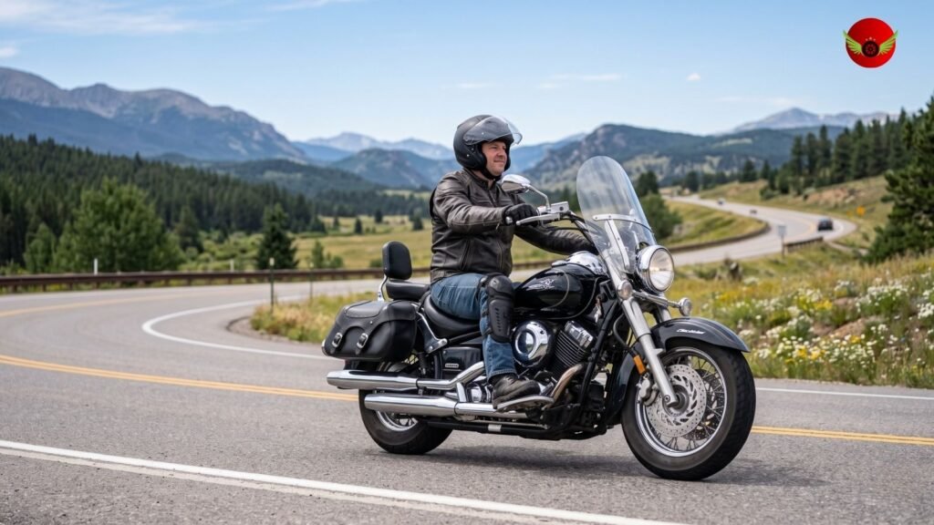 Rider enjoying a Yamaha V Star 1100 on an open American highway during a long-distance ride.