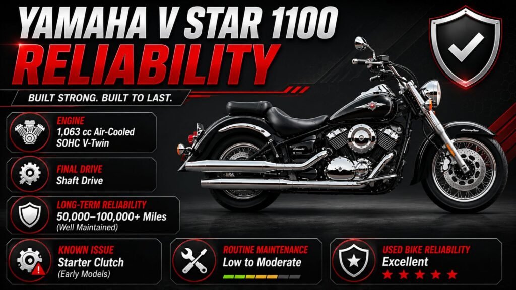 Infographic showing Yamaha V Star 1100 engine reliability, shaft drive, and long-term ownership highlights.