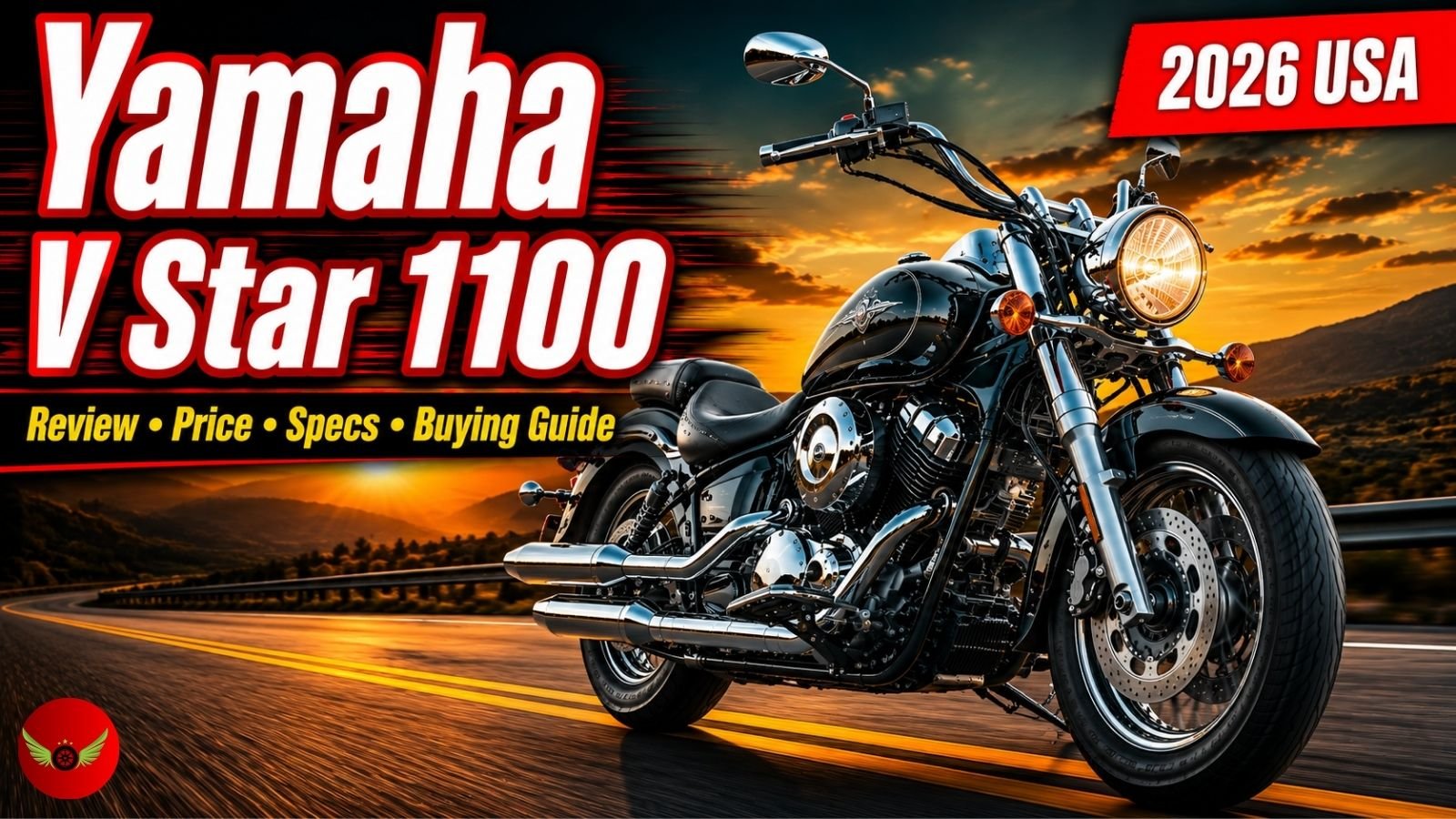 Front three-quarter view of a Yamaha V Star 1100 cruiser motorcycle featured in a review, price, specs, and buying guide for the USA.