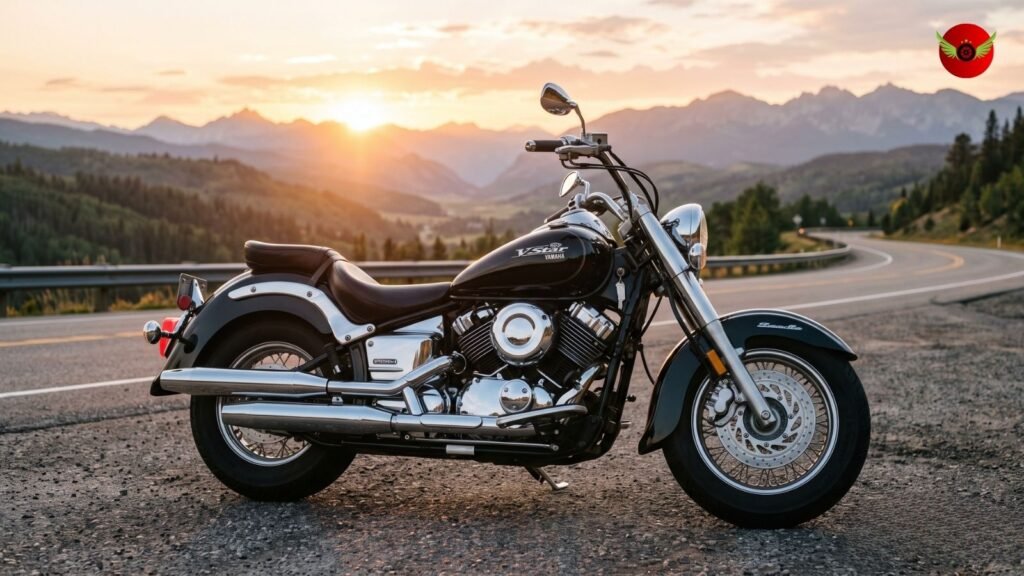 Left-side view of a Yamaha V Star 1100 parked beside an American highway.