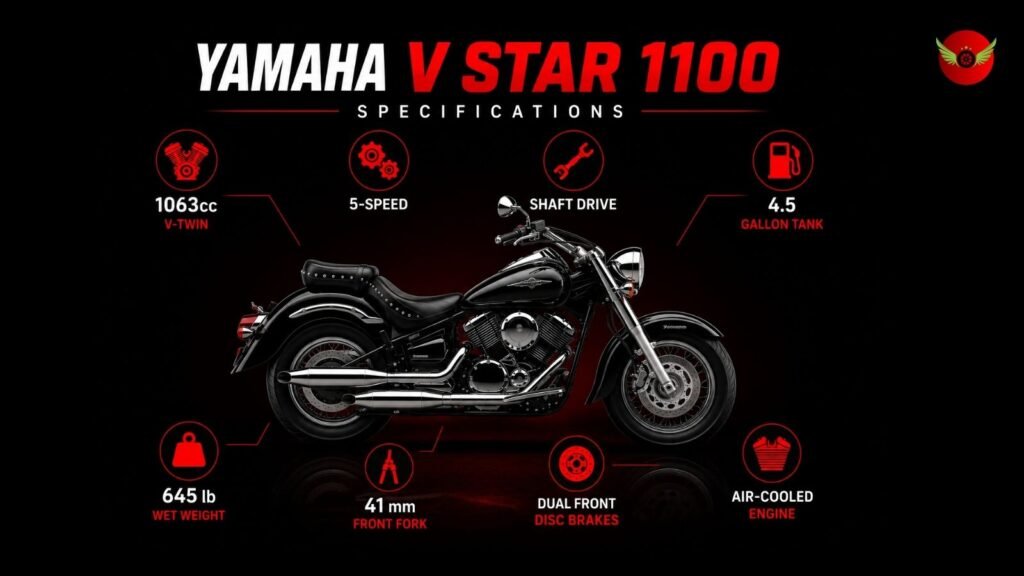 Infographic highlighting the Yamaha V Star 1100 engine, transmission, fuel capacity, weight, suspension, and brakes.
