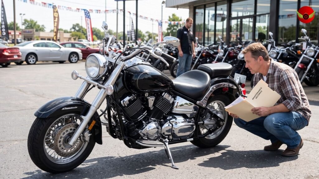 Buyer inspecting a used Yamaha V Star 1100 before purchase at a motorcycle dealership.