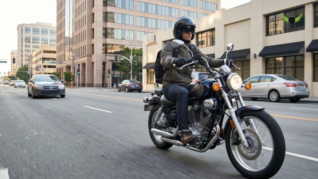 Yamaha V Star 250 riding through city traffic during daily commuting