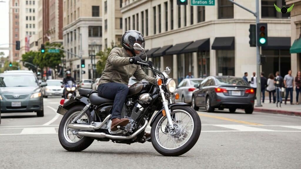 Yamaha V Star 250 riding through city streets during daily commuting