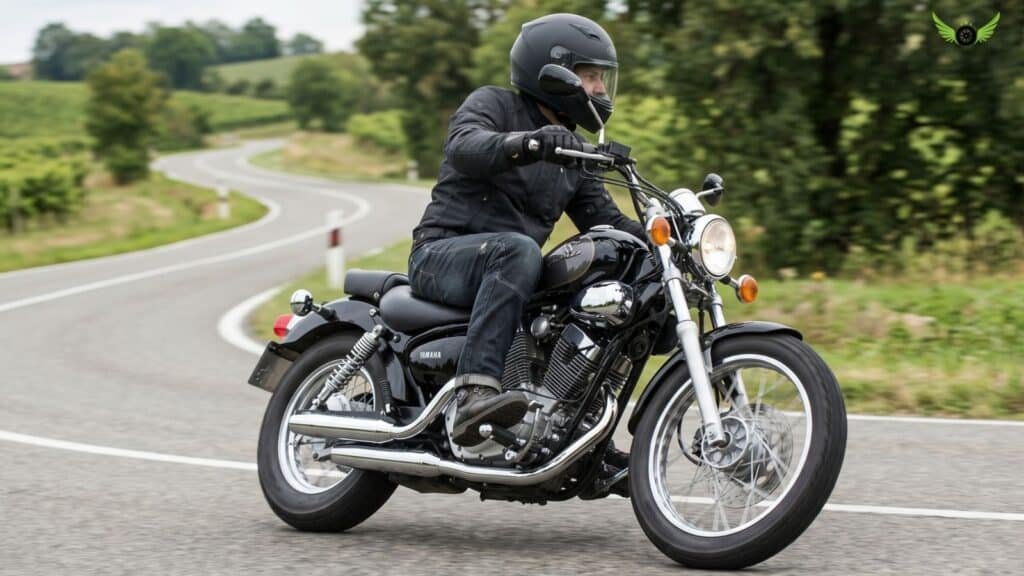 Yamaha V Star 250 cornering on a winding road with stable handling