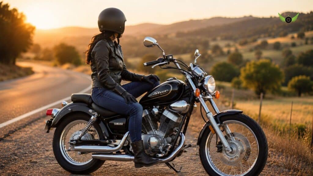 Rider sitting comfortably on a Yamaha V Star 250 on a scenic countryside road