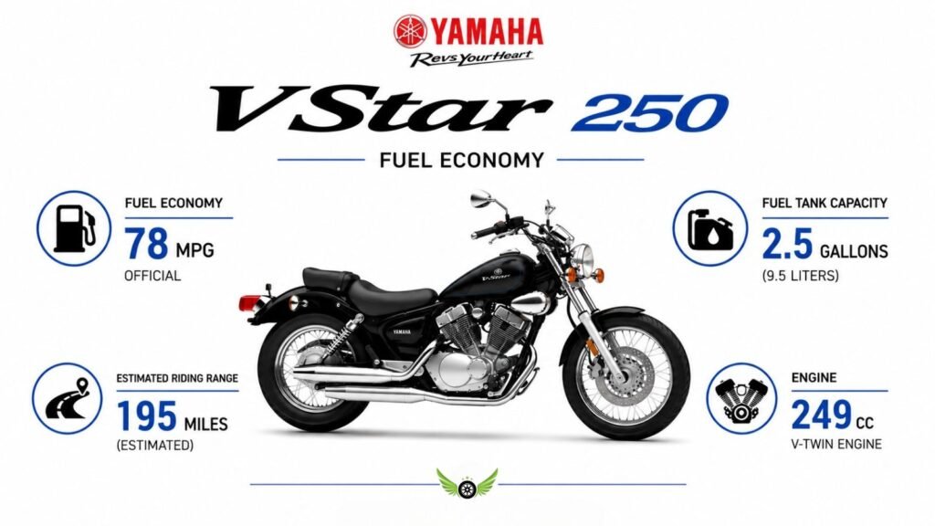 Yamaha V Star 250 fuel economy infographic showing mpg fuel tank and riding range