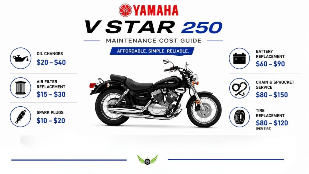 Yamaha V Star 250 maintenance cost infographic showing service and replacement expenses