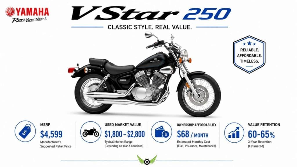 Yamaha V Star 250 pricing infographic showing MSRP and used market values